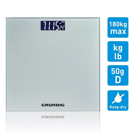 Grundig - Elektronikus fürdőszoba mérleg, üveg, 180 kg-ig (ezüst)