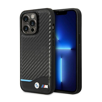 BMW Leder Carbon Blue Line - Tasche für iPhone 14 Pro (Schwarz)