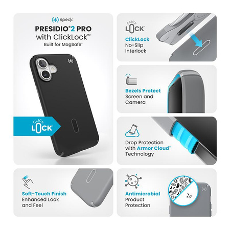 Speck Presidio2 Pro ClickLock & MagSafe - Case for iPhone 16 Plus (Black / Slate Grey / White)