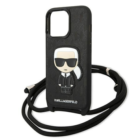 Karl Lagerfeld Leather Monogram Patch and Cord Iconik - Hülle für iPhone 13 Pro (Schwarz)