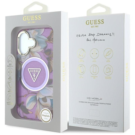 Guess Glitter Flowers Triangle Buttons MagSafe - pouzdro pro iPhone 16 (fialové)