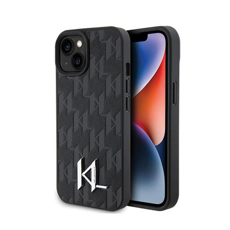 Karl Lagerfeld Leather Monogram Hot Stamp Metal Logo - iPhone 15 Tasche (Schwarz)
