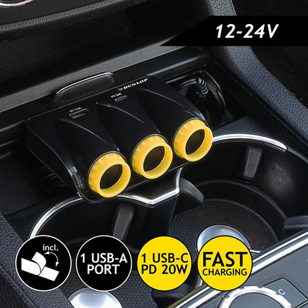ŁADOWARKA SAMOCHODOWA Z ROZDZIELACZEM USB C USB, 3 Gniazda, PD 20W, Dunlop