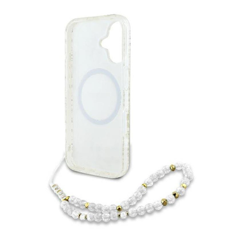Guess IML Blumen Allover Elektro mit Perle Riemen MagSafe - iPhone 16 Plus Fall (weiß)