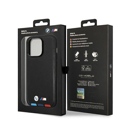 Kožené pouzdro BMW Hot Stamp Tricolor MagSafe - iPhone 14 Pro (černé)