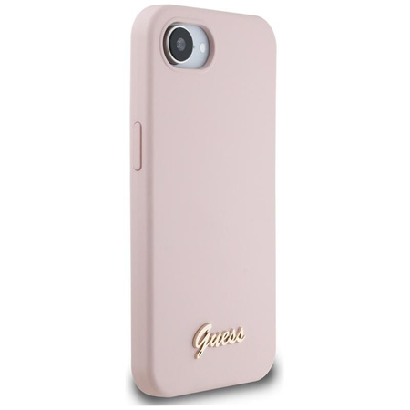Guess Silicone Script Metal Logo MagSafe - pouzdro pro iPhone 16e (růžové)