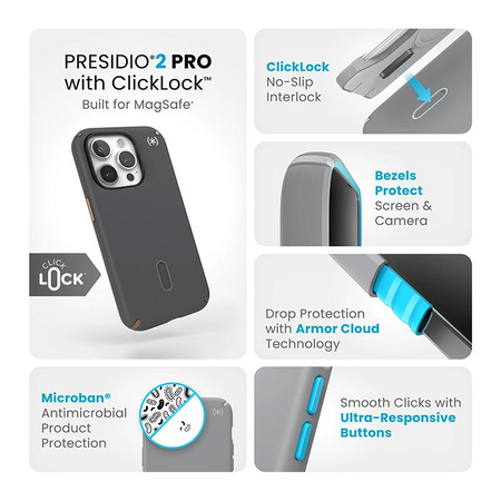 Speck Presidio2 Pro ClickLock & MagSafe - iPhone 15 Pro Tasche (Holzkohle Grau / Cool Bronze)