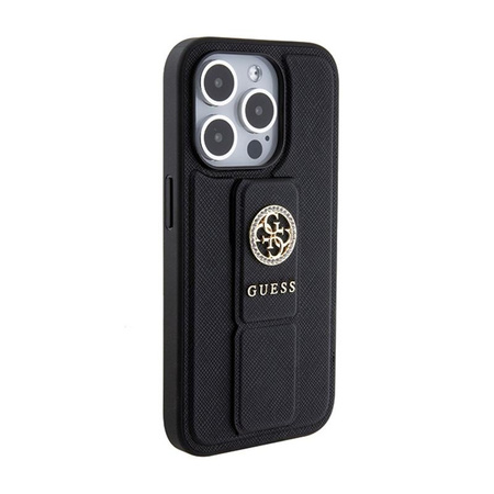 Guess Grip Stand 4G Saffiano Strass Logo - pouzdro pro iPhone 15 Pro (černé)