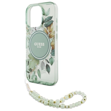 Guess IML Flowers With Pearl Strap MagSafe - Case for iPhone 16 Pro (Green)