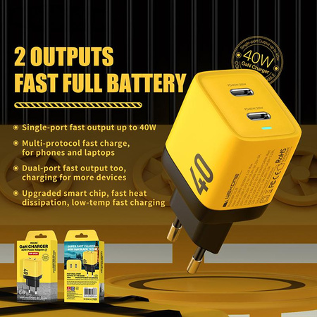 WEKOME WP-U128 - 2x USB-C Super Fast Charger GaN 40W (Yellow)