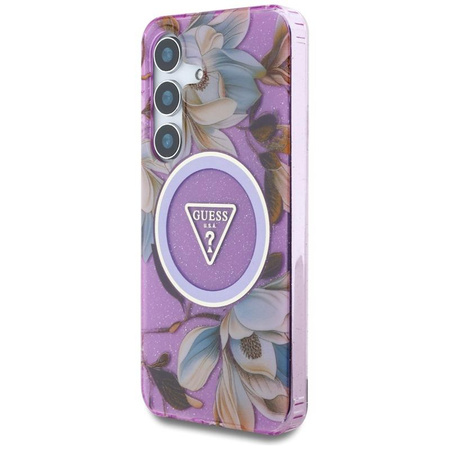 Guess Glitter Flowers Triangle Buttons MagSafe - étui pour Samsung Galaxy S25 (violet)