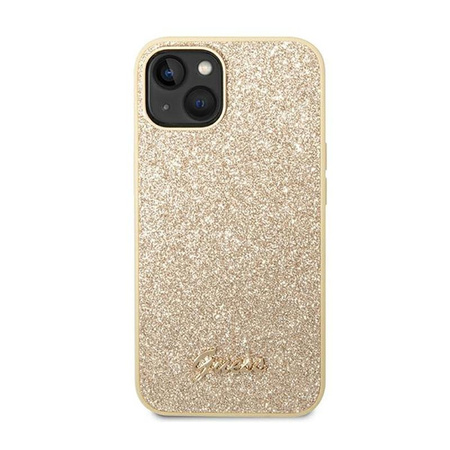 Guess Glitter Flakes Metal Logo Case - Hülle für iPhone 14 (Gold)