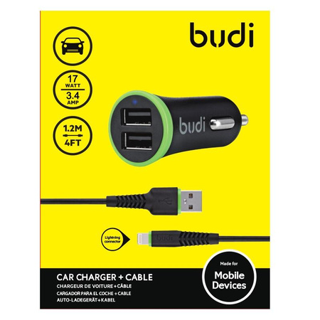 Budi - Nabíječka do auta 2x USB, 17W + Lightning kabel (černá)
