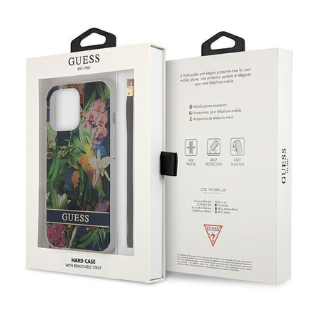 Guess Flower Cord - Etui avec dragonne iPhone 13 Pro (Bleu)