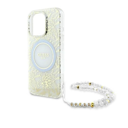 Guess IML Flowers Allover Electro With Pearl Strap MagSafe - Case for iPhone 16 Pro Max (White)