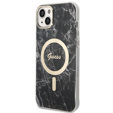 Guess Bundle Pack MagSafe IML Marble - Set aus hülle für iPhone 14 Plus + MagSafe Ladegerät (Schwarz/Gold)