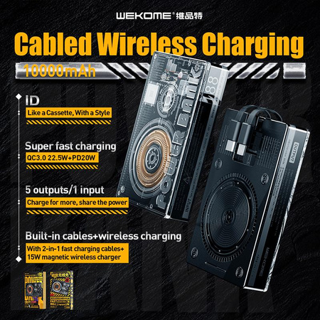 WEKOME WP-331 Vanguard sorozat - Induktív 10000 mAh Super Charging power bank integrált USB-C és Lightning PD 20W + QC 22.5W MagSafe kábel (Fekete / Átlátszó)