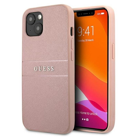 Guess Saffiano fém logós csíkok - iPhone 13 mini tok (rózsaszín)