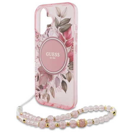 Guess IML Flowers With Pearl Strap MagSafe - Coque pour iPhone 16 Plus (rose)