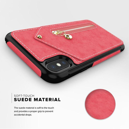 Zizo Nebula Wallet Case - Leather iPhone X case with card pockets + zippered pouch + 9H glass for screen (Pink/Black)