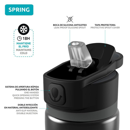 Quokka Spring - Butelka bidon termiczny ze stali nierdzewnej z systemem szybkiego otwierania 600 ml (Ebony)