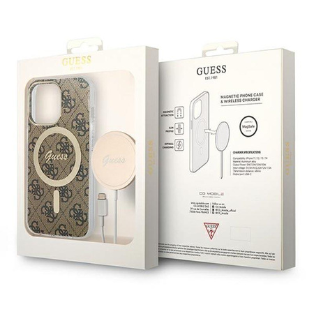 Guess Bundle Pack MagSafe 4G - sada pouzdra pro iPhone 13 Pro + nabíječka MagSafe (hnědá/zlatá)