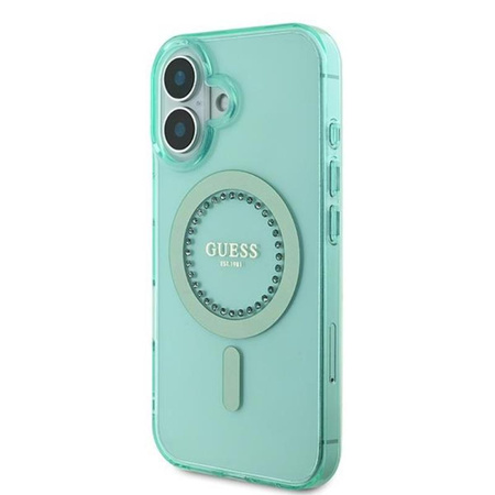 Guess IML Rhinestones MagSafe - pouzdro pro iPhone 16 (zelené)