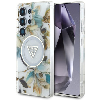 Guess Glitter Flowers Triangle Buttons MagSafe - pouzdro pro Samsung Galaxy S25 Ultra (bílé)