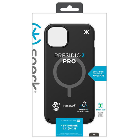 Speck Presidio2 Pro MagSafe - Custodia antibatterica per iPhone 15 Plus / 14 Plus (nero / nero / bianco)