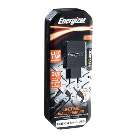 Energizer HardCase - Kompaktní síťová nabíječka 2x USB-A + USB-C a kabel Micro USB (černá) doživotní záruka