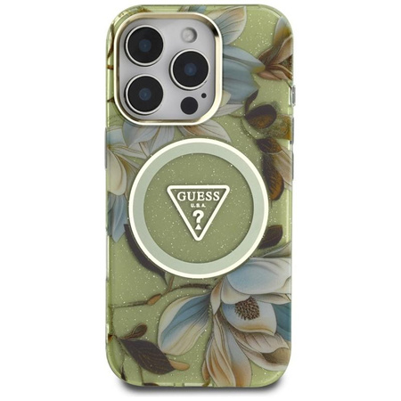 Guess Glitter Flowers Triangle Buttons MagSafe - pouzdro pro iPhone 16 Pro Max (zelené)