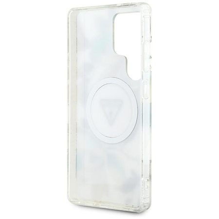 Guess Glitter Flowers Triangle Buttons MagSafe - pouzdro pro Samsung Galaxy S25 Ultra (bílé)