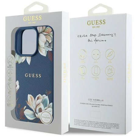 Guess Grained Printed Flower Pattern MagSafe - Pouzdro pro iPhone 16 Pro (modrý)