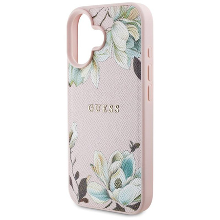 Guess MagSafe - Tasche mit genarbtem Blumenmuster für iPhone 16 (rosa)