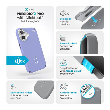 Speck Presidio2 Pro ClickLock & MagSafe - iPhone 16 tok (jövőbeli levendula / fekete-lila / fehér)