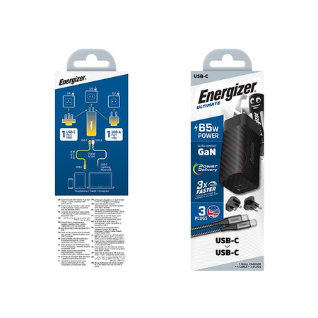 Energizer Ultimate - cestovní nabíječka Multiplug EU / UK / US GaN USB-C a USB-A 65W PD + kabel USB-C (černá)