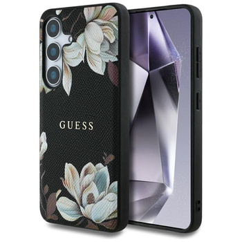 Guess MagSafe - Tasche mit genarbtem Blumenmuster für Samsung Galaxy S25 (schwarz)
