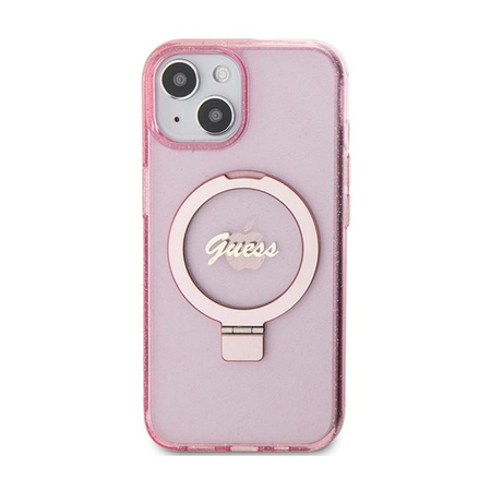 Guess Ring Stand Script Glitter MagSafe - Etui iPhone 15 (różowy)