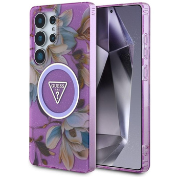Guess Glitter Flowers Triangle Buttons MagSafe - Tasche für Samsung Galaxy S25 Ultra (lila)