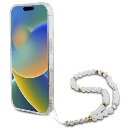 Guess IML Glitter With Pearl Strap MagSafe - pouzdro pro iPhone 16 (průhledné)