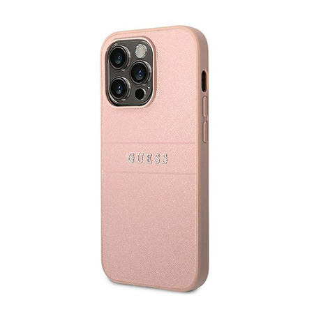Pouzdro Guess Saffiano Metal Logo Stripes - iPhone 14 Pro Max (růžové)