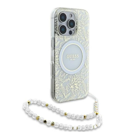 Guess IML Flowers Allover Electro With Pearl Strap MagSafe - Case for iPhone 16 Pro (White)