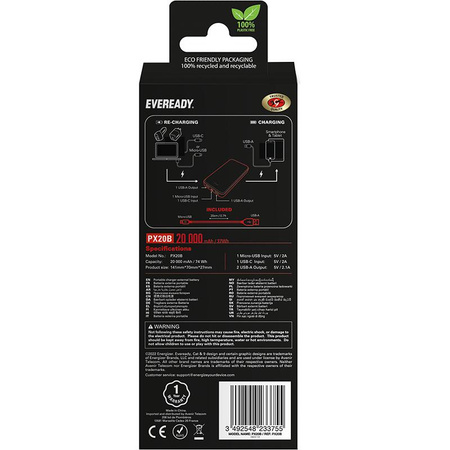 Eveready PX20B - Powerbank 20000 mAh 2x USB-A (fekete)