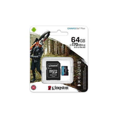 Paměťová karta Kingston Canvas Go Plus microSDXC - 64GB A2 V30 Class 10 UHS-I U3 170/70 Mb/s s adaptérem