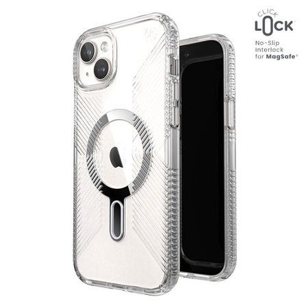 Speck Presidio Perfect-Clear Grip ClickLock & MagSafe - Tasche iPhone 15 Plus / iPhone 14 Plus (Klar / Chrom-Finish / Serene Silber)