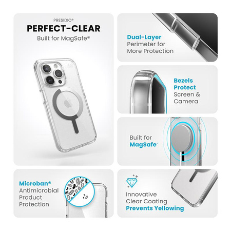 Speck Presidio Perfect-Clear MagSafe - Custodia per iPhone 15 Pro (Trasparente / Finitura cromata / Argento Serene)