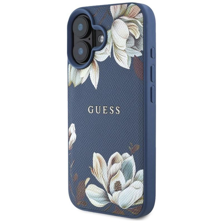 Guess Grained Flower Pattern MagSafe - étui pour iPhone 16 (bleu)