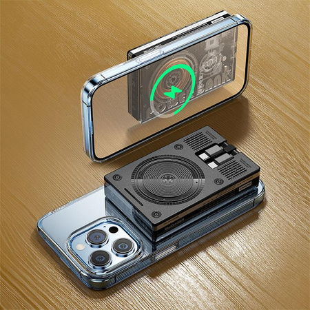 WEKOME WP-331 Vanguard sorozat - Induktív 10000 mAh Super Charging power bank integrált USB-C és Lightning PD 20W + QC 22.5W MagSafe kábel (Fekete / Átlátszó)