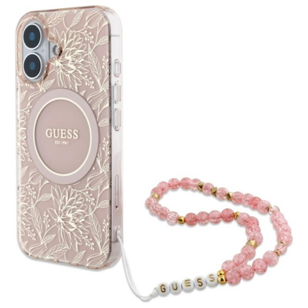 Guess IML Flowers Allover Electro avec dragonne MagSafe pour iPhone 16 Plus (rose)