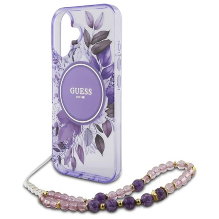 Guess IML Blumen mit Perle Riemen MagSafe - iPhone 16 Plus Fall (lila)